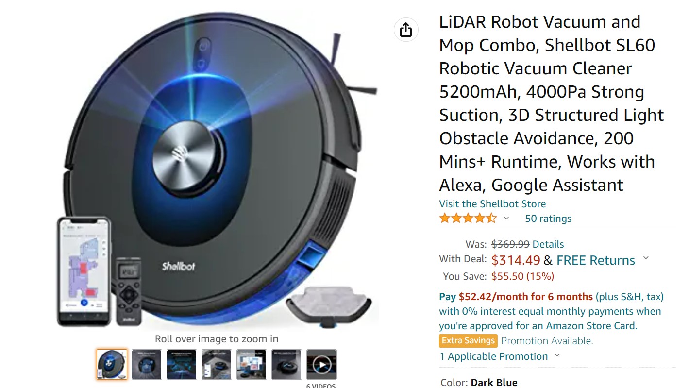 Shellbot SL60 LiDar Robot Vacuum and Mop