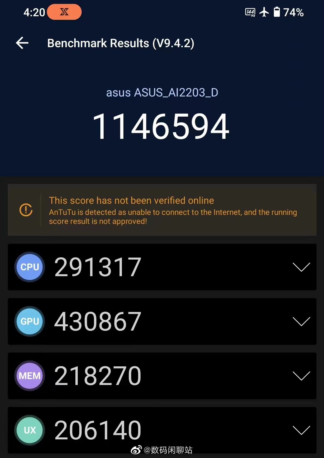 Pérdida del benchmark ASUS ROG Phone 6D AnTuTu