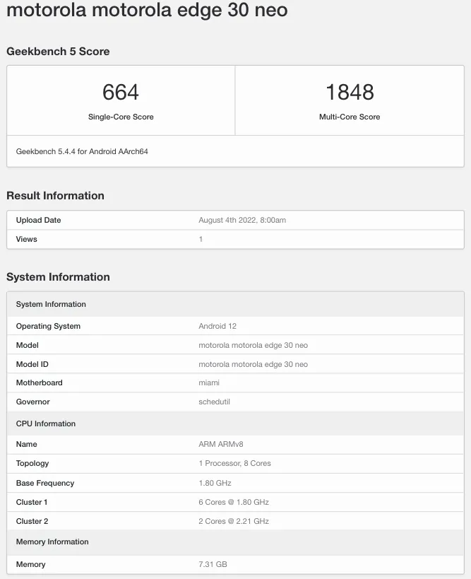 Motorola Edge 30 Neo Geekbench