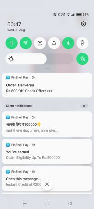 OPPO Reno 8 5G FinShell Pay notification