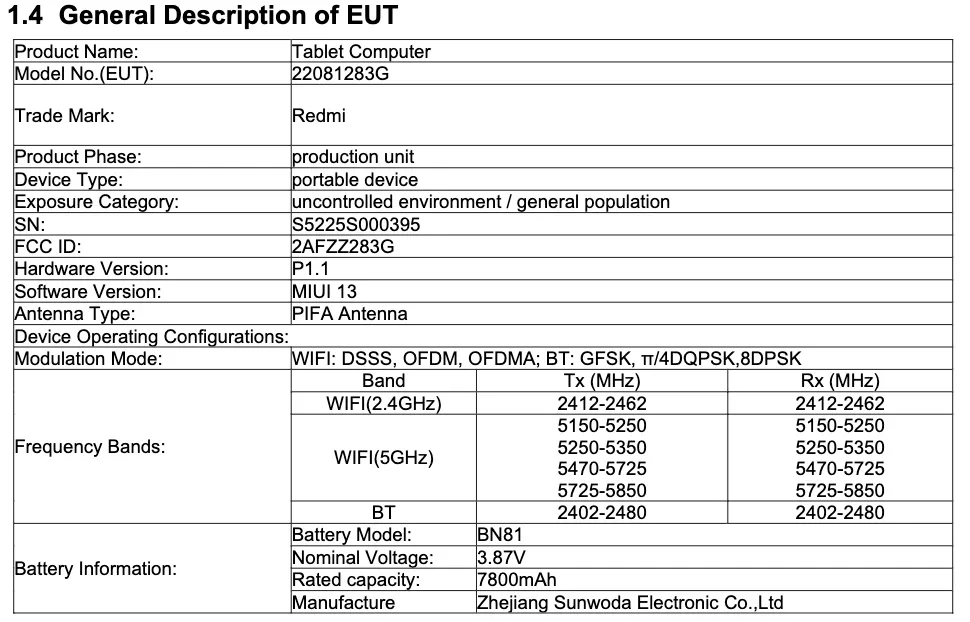 Redmi Pad FCC specs