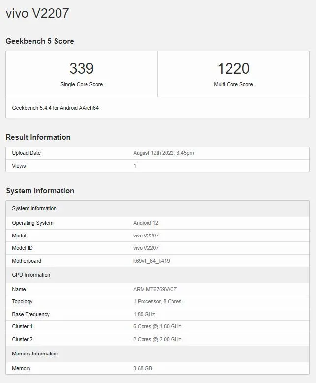 Vivo-Y22-V2207-Geekbench