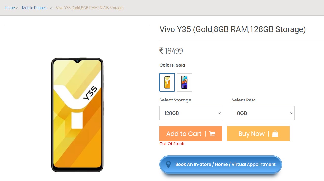 Vivo Y35 Sangeetha Mobiles listing
