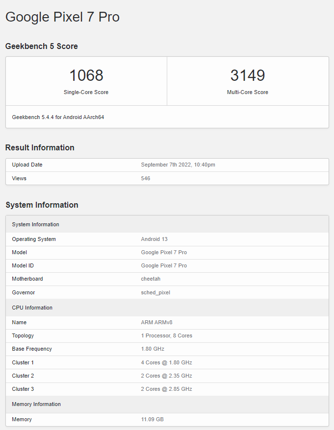 Google Pixel 7 Pro Geekbench Listing