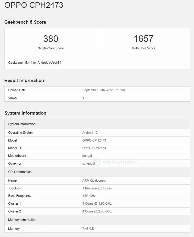 OPPO A77s geekbench