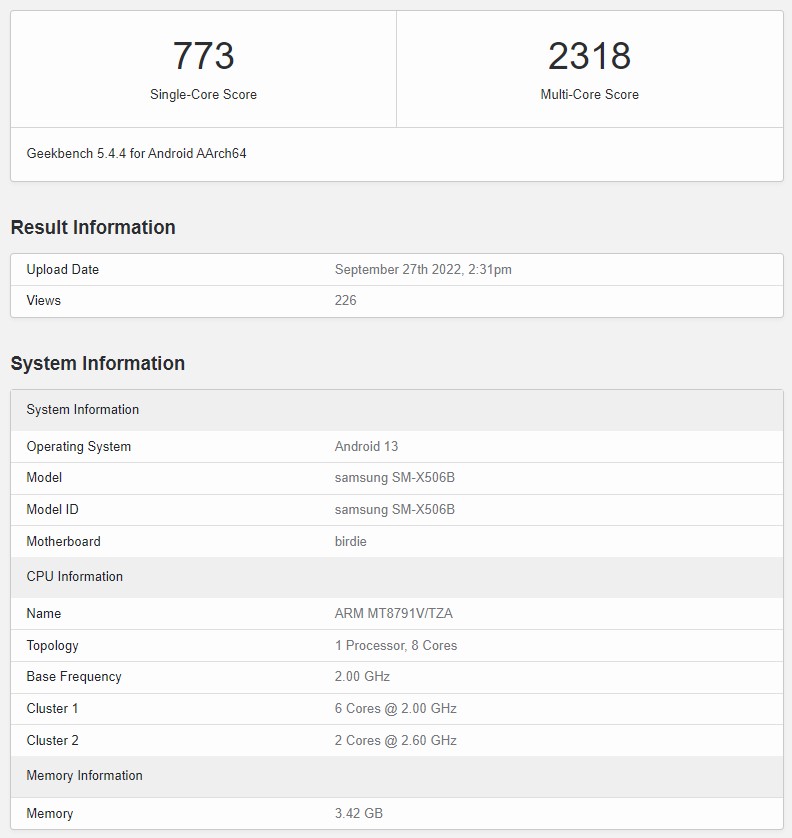 Samsung Galaxy Tab S8 FE Geekbench