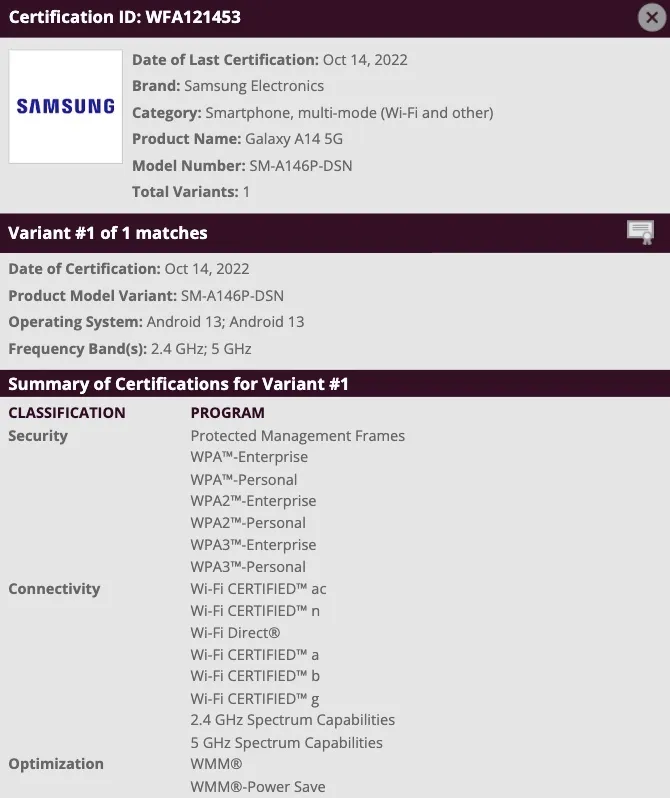 Samsung Galaxy A14 5G Alianza Wi-Fi