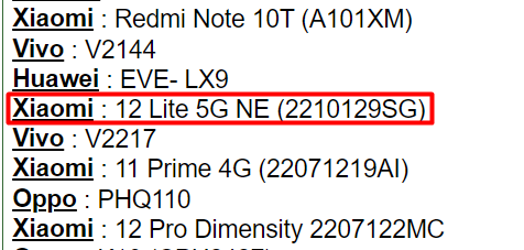Base de datos IMEI Xiaomi 12 Lite 5G NE