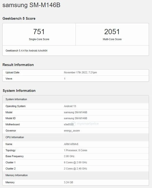 Galaxy M14 geekbench'i