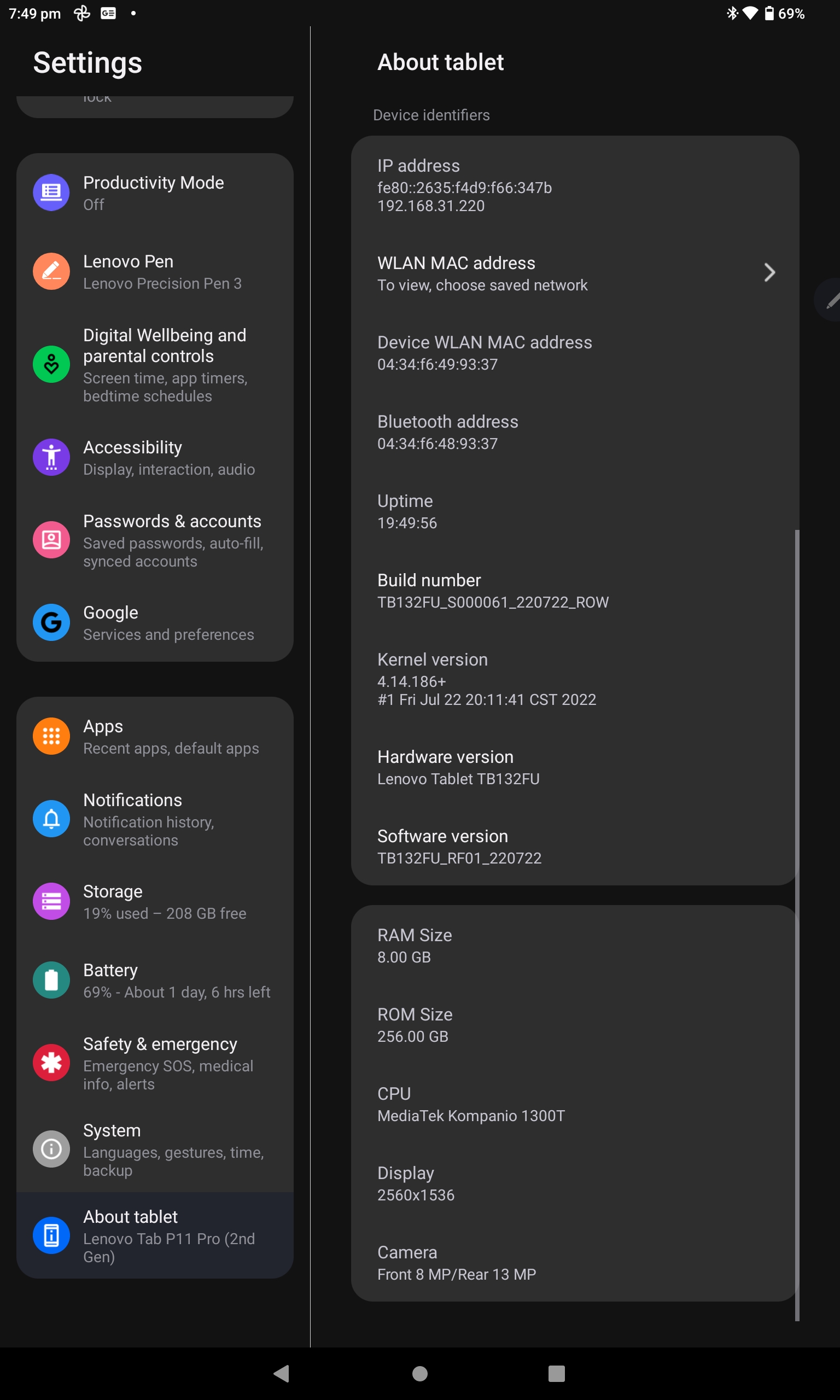 Lenovo Tab P11 Pro (Gen 2) Settings