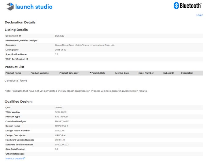 Oppo Pad 2 Bluetooth SIG