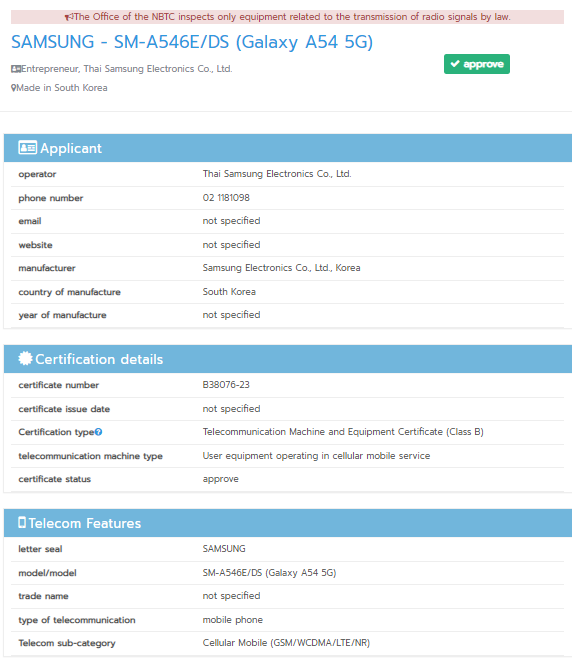 Samsung Galaxy A54 5G NBTC