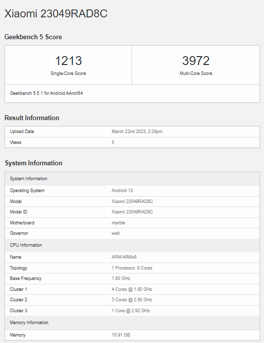 Redmi Note 12 Turbo Geekbench