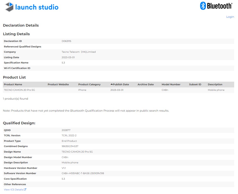 Tecno Camon 20 Pro 5G Bluetooth SIG