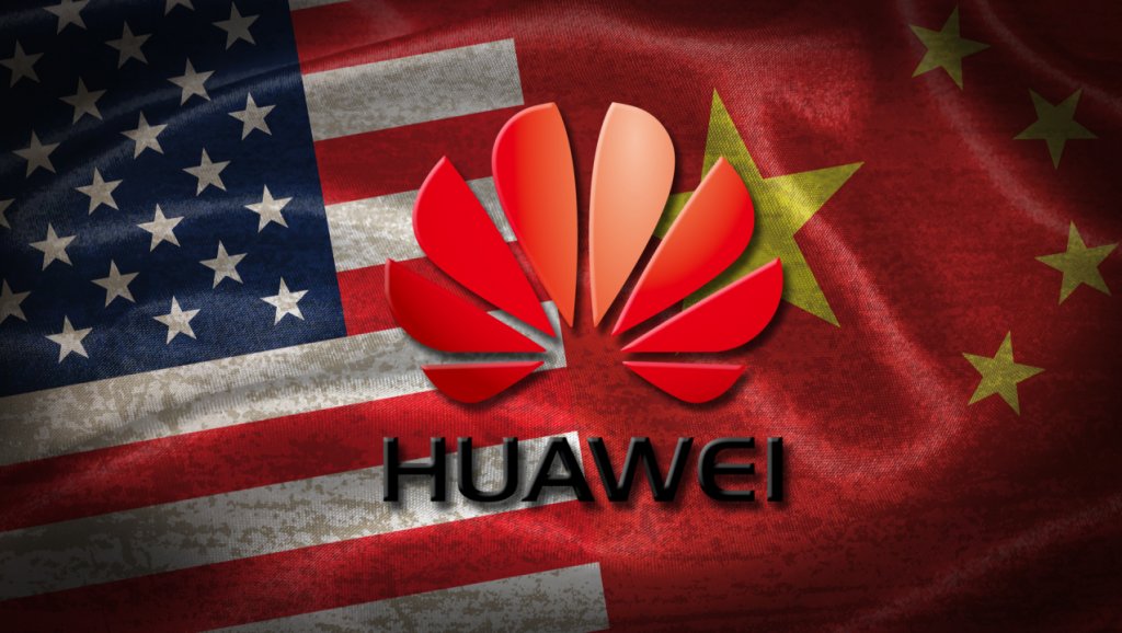 USA vs China Flag under Huawei Logo