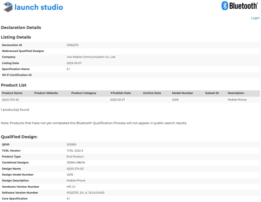 iQOO Z7x 5G Bluetooth SIG