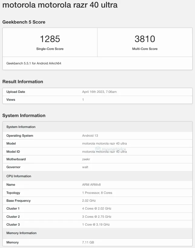 Motorola Razr 40 Ultra Geekbench listing