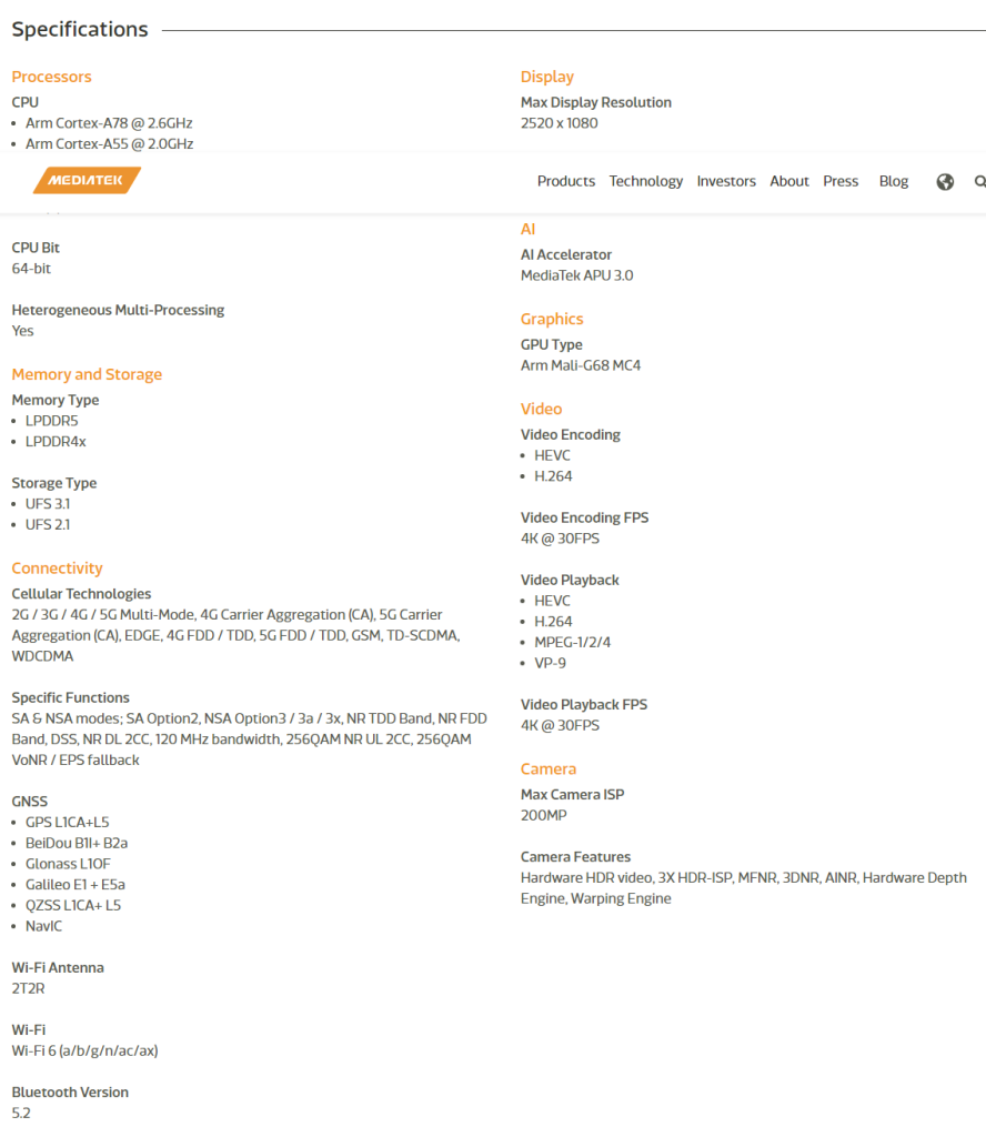 MediaTek Dimensity 7050 specifications