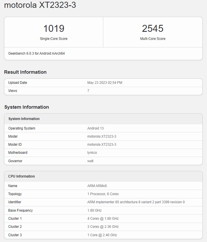 Motorola Razr 40 Geekbench listing