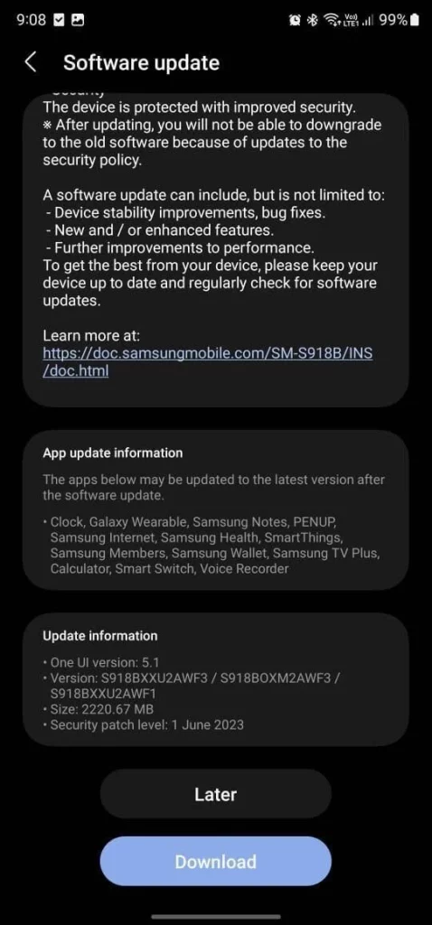 Samsung Galaxy S23 June 2023 update