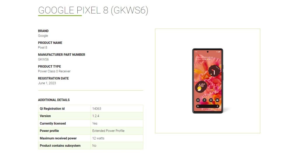 Google Pixel 8 WPC listing