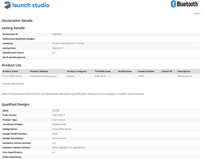Infinix Zero 30 5G Bluetooth SIG