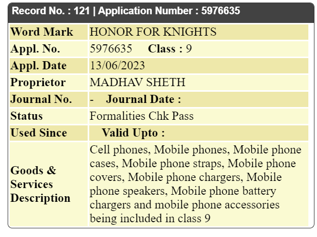 Honor India trademark