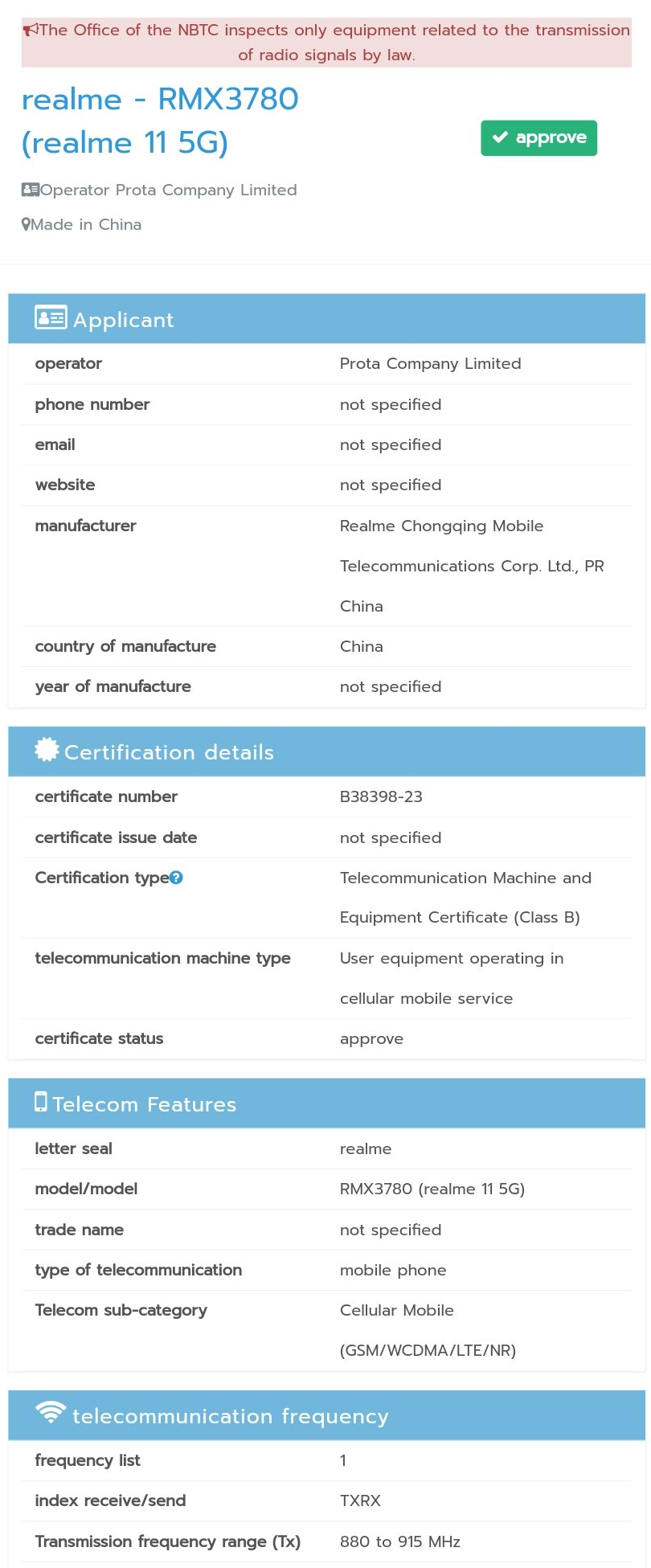 Realme RMX3780 NBTC