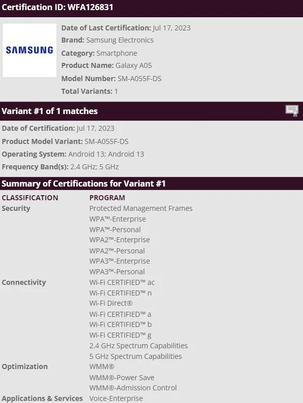 Samsung Galaxy A05 spotted on Wi-Fi Alliance with Android 13 and dual-band  support - Gizmochina