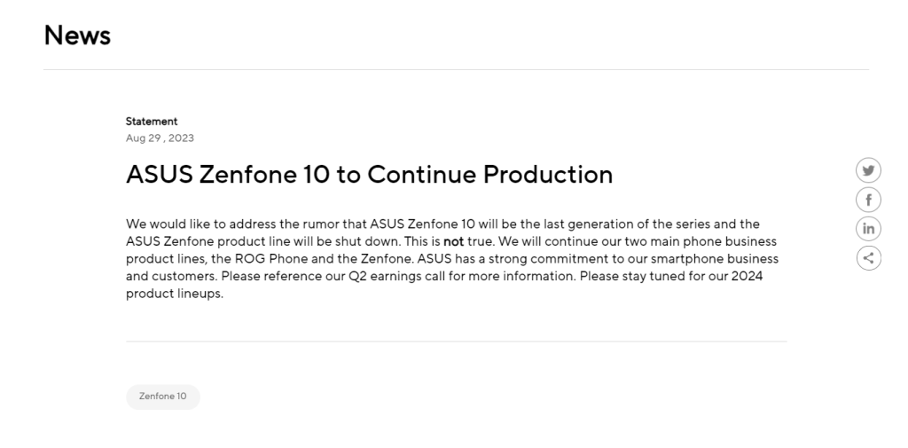 ASUS Zenfone 10 press release