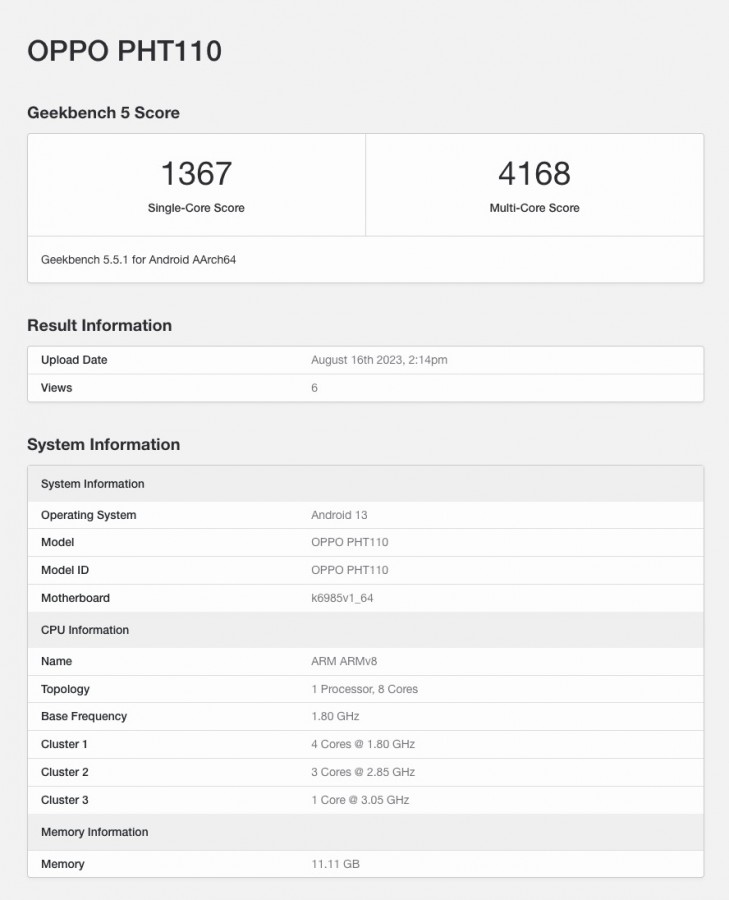 OPPO Find N3 Flip Geekbench