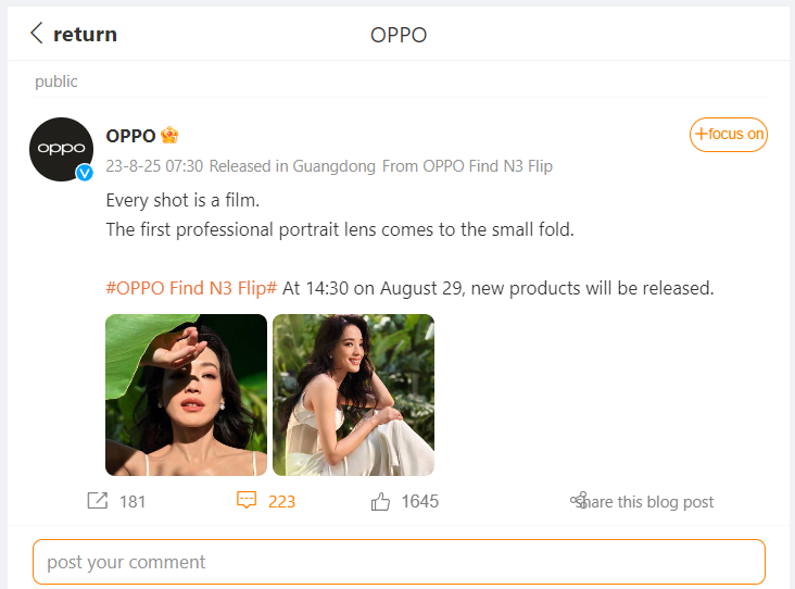 Oppo Find N3 Flip Weibo Post