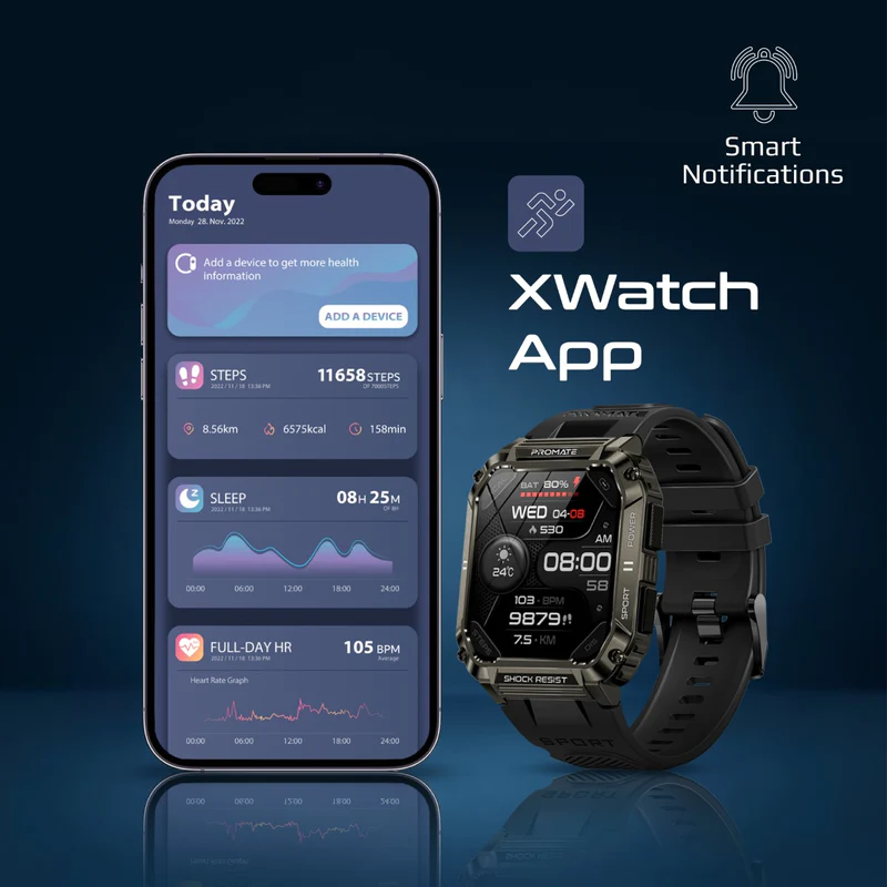 Promate XWatchS19 with Bluetooth calling, 1.95inch 500 nits display