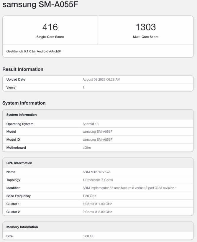 Samsung Galaxy A05 (SM-A055F) Geekbench