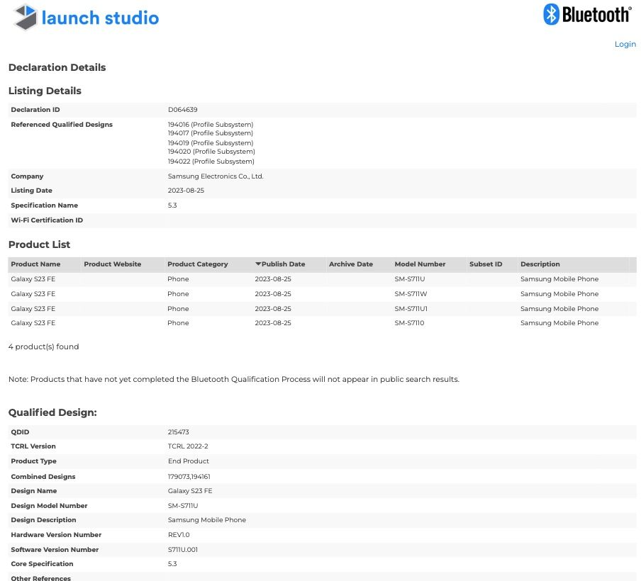 Samsung Galaxy S23 FE Bluetooth SIG