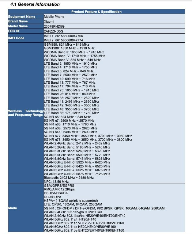 Xiaomi 13T Pro FCC listing 2