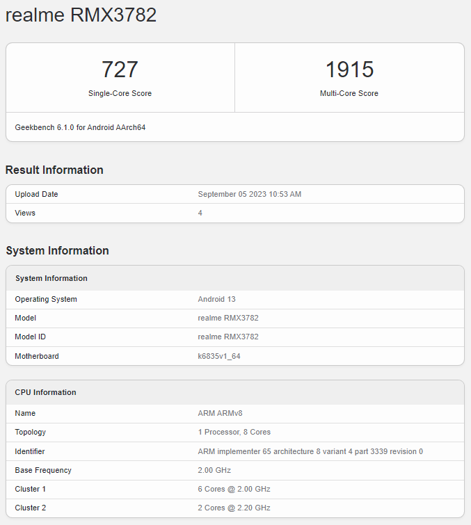 Realme Narzo 60x 5G Geekbench