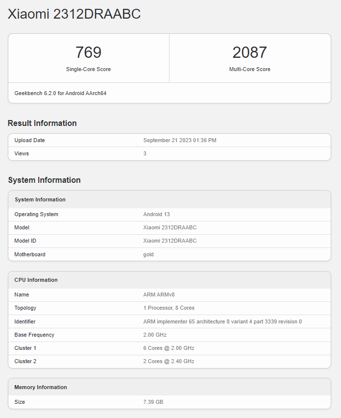 Redmi Note 13 5G Geekbench