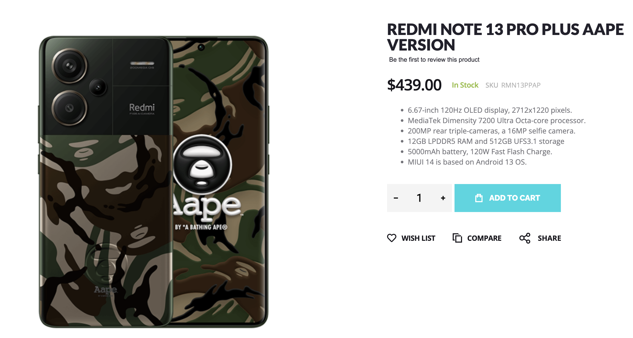 The Cool new Redmi Note 13 Pro+ AAPE Trend Limited Edition
is available on Giztop