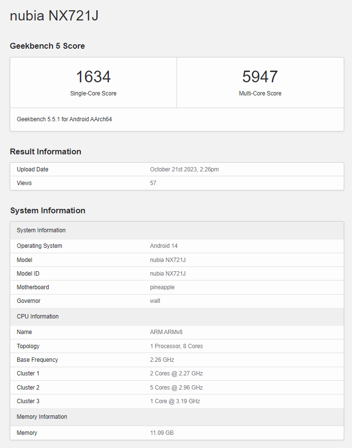 Nubia Z60 Ultra Geekbench