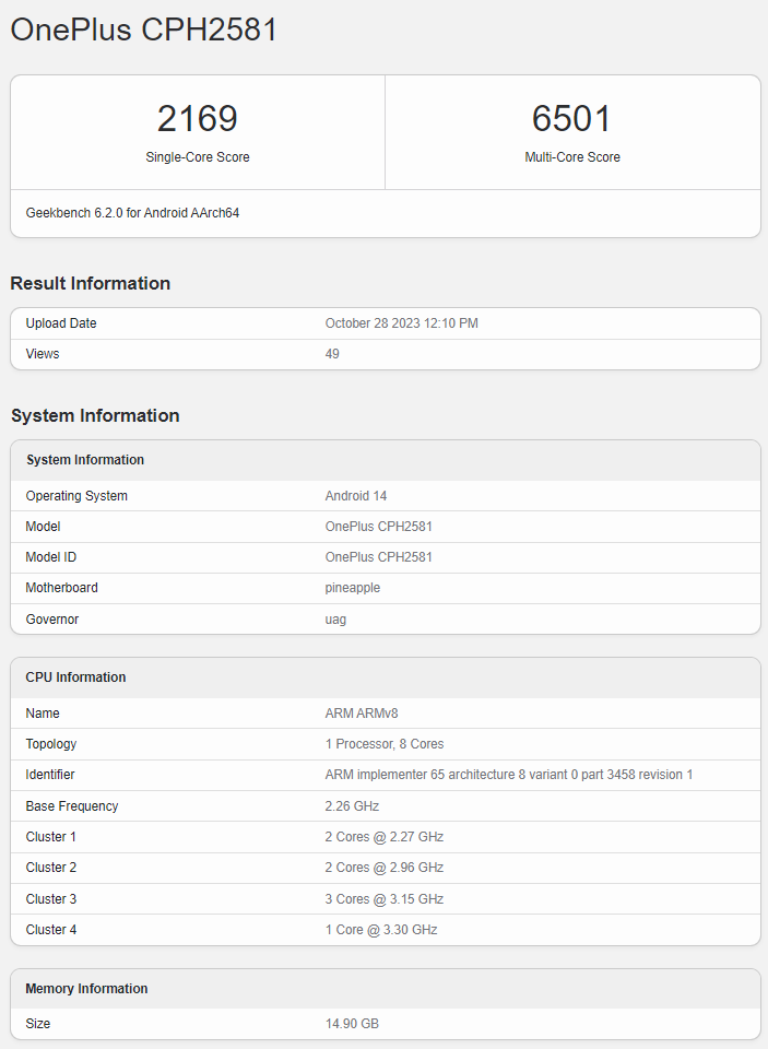 OnePlus 12 global variant geekbench listing