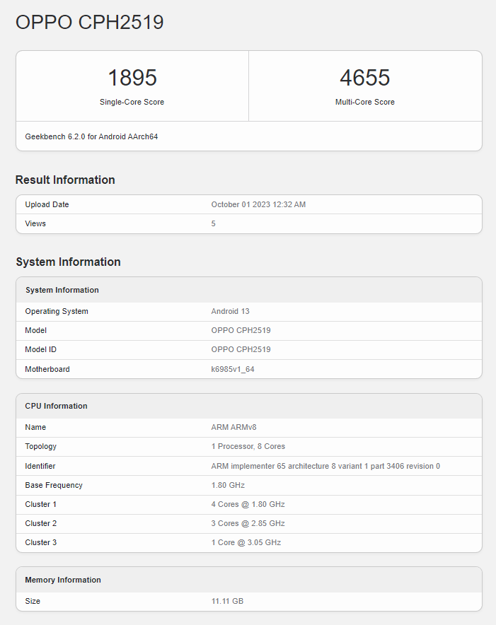 Oppo Find N3 Flip глобальний geekbench