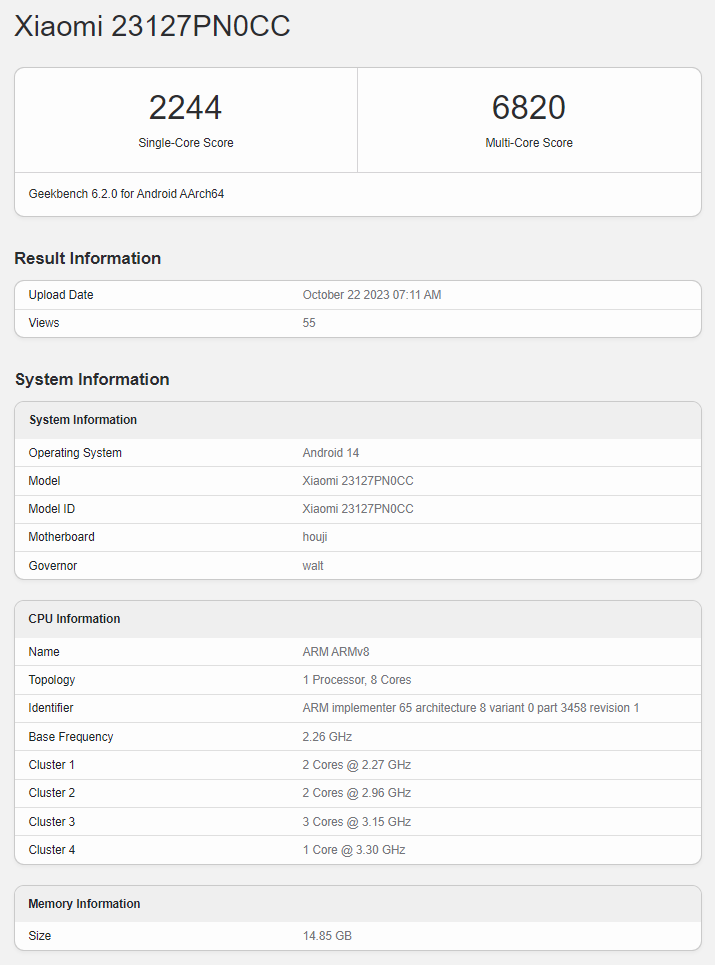 Xiaomi 14 Geekbench