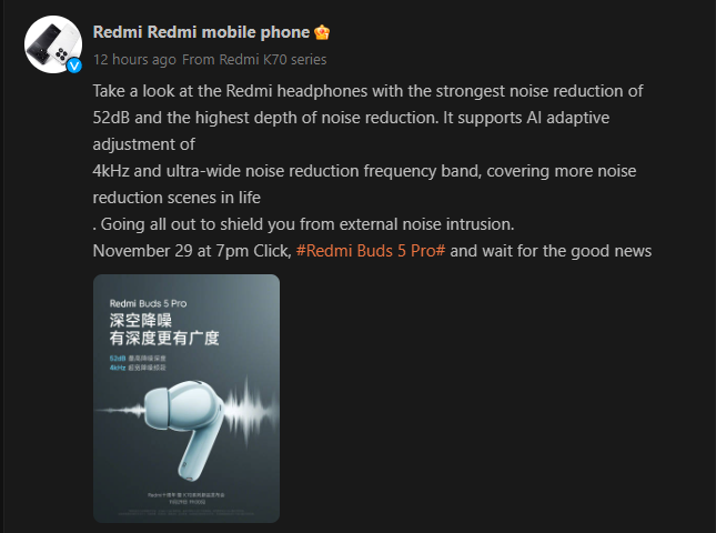 Redmi Buds 5 Pro will be officially launched on November 29