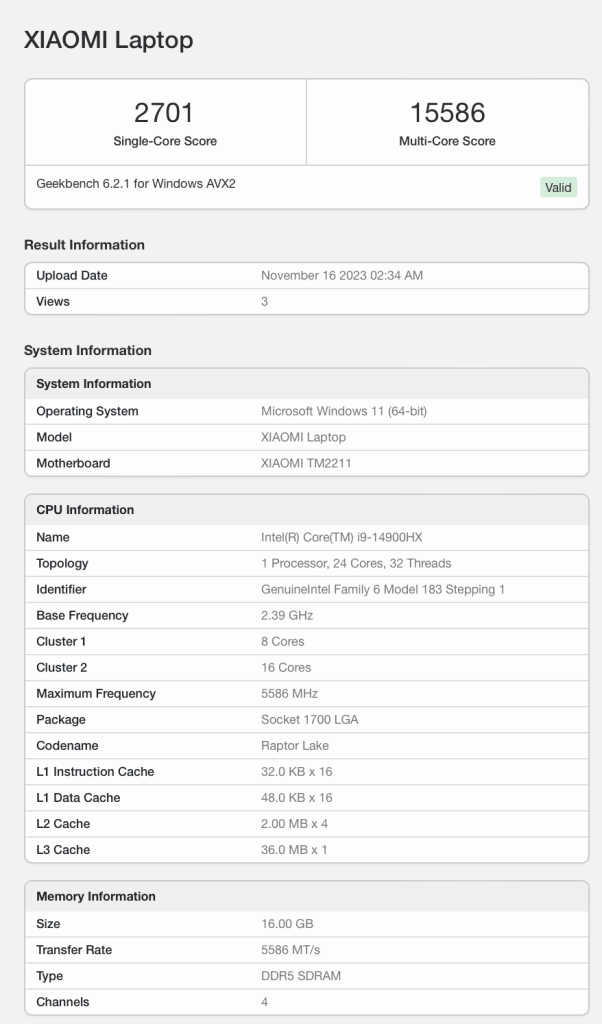 Xiaomi's gaming laptop Geekbench Listing