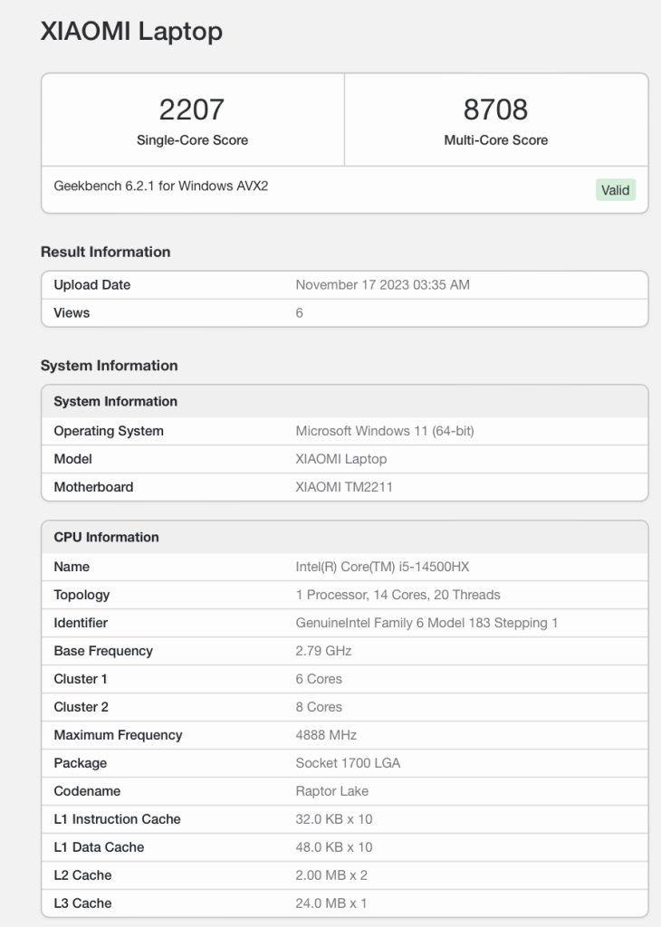 Xiaomi's gaming laptop Geekbench Listing