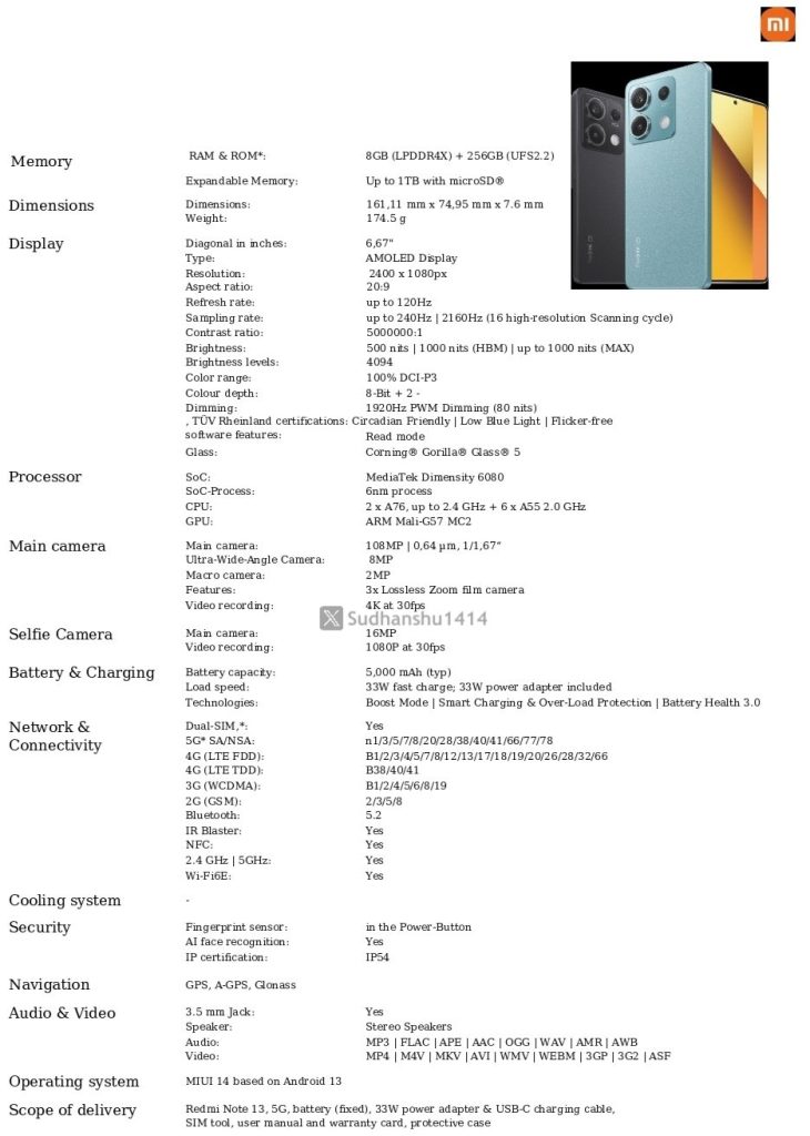 Redmi Note 13 5G specs