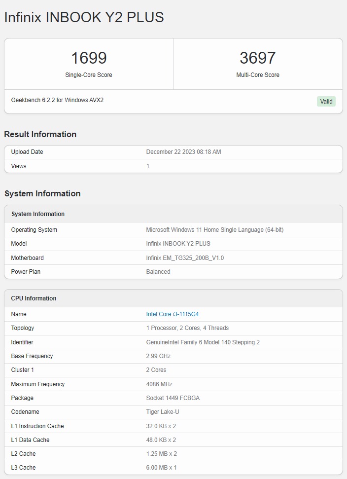Infinix Inbook Y2 Plus - Geekbench