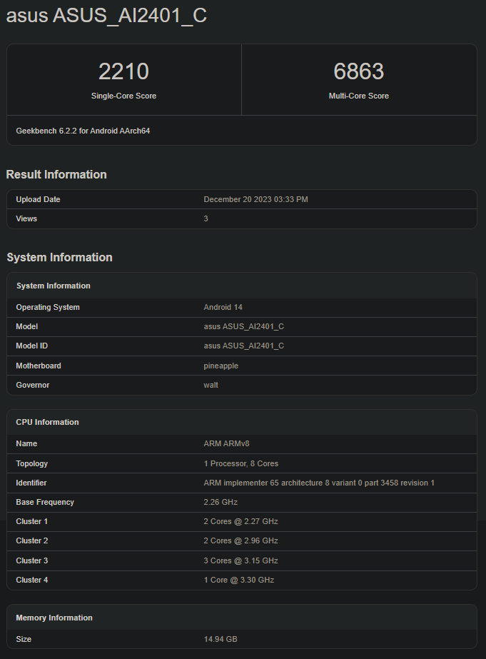 ASUS ROG Phone 8/8 Pro Geekbench