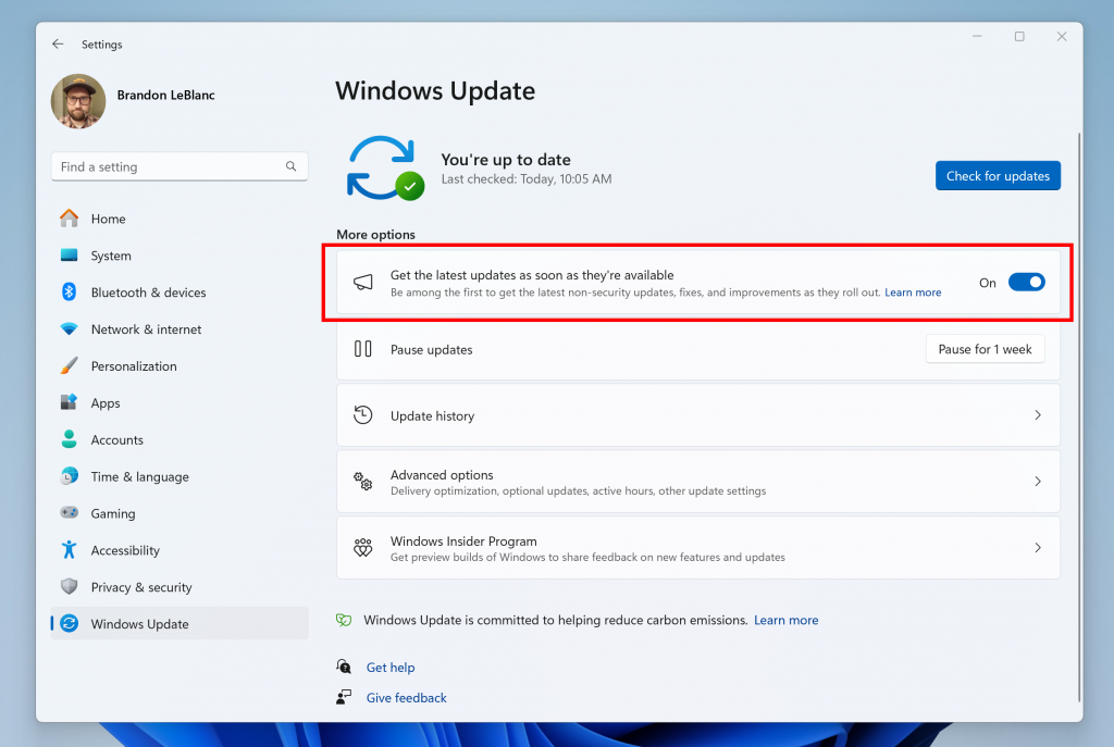 Microsoft Windows "Get the latest updates as soon as they're available"